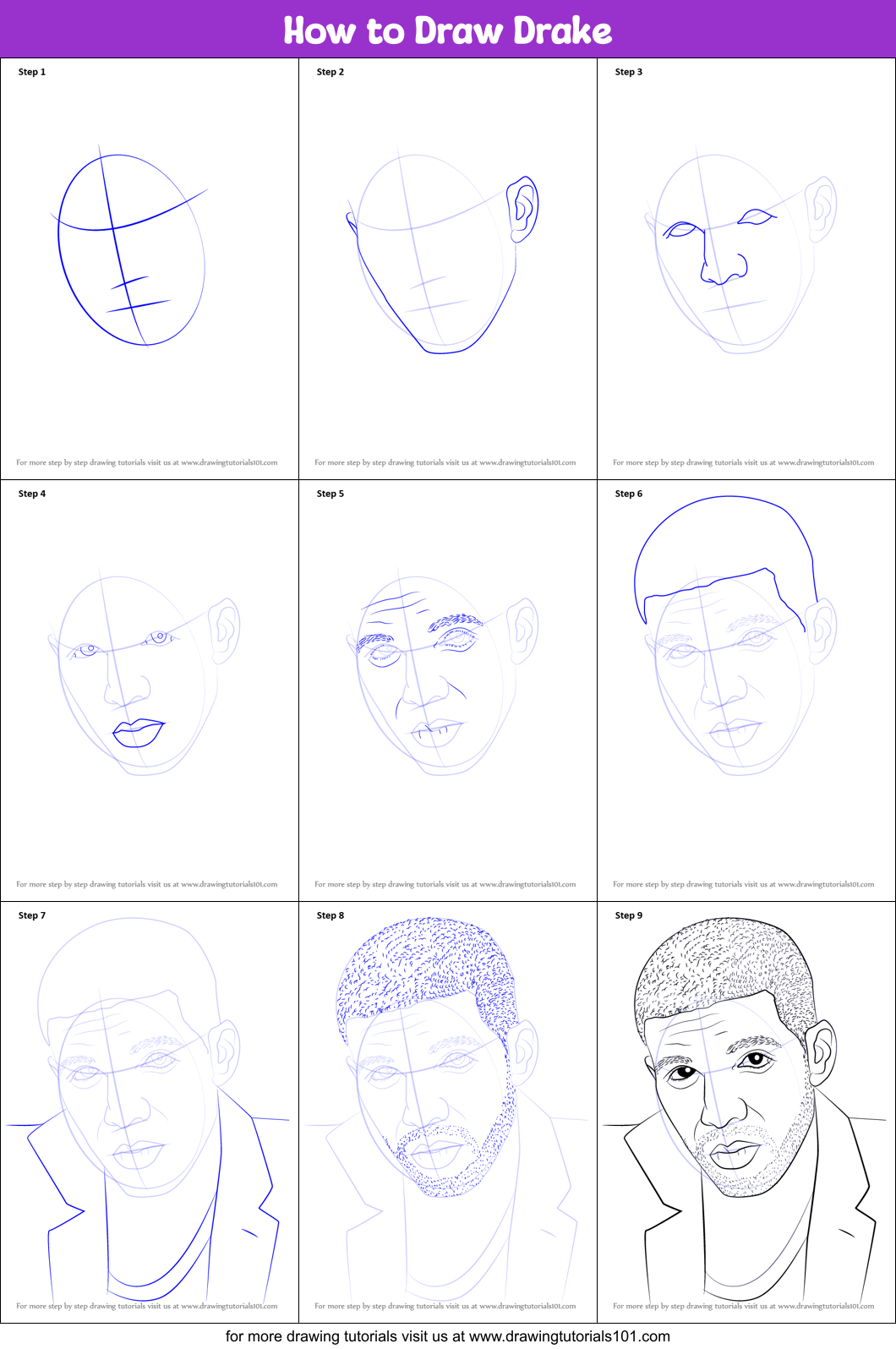 How to Draw Drake printable step by step drawing sheet