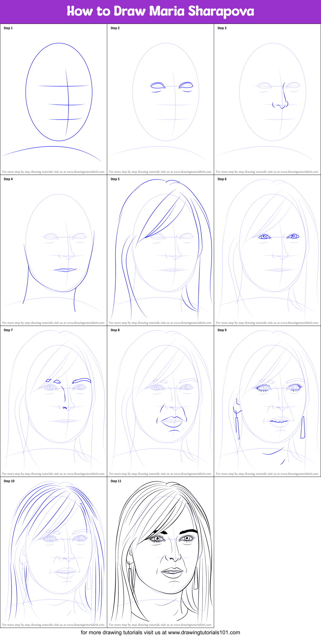 How to Draw Maria Sharapova printable step by step drawing sheet ...