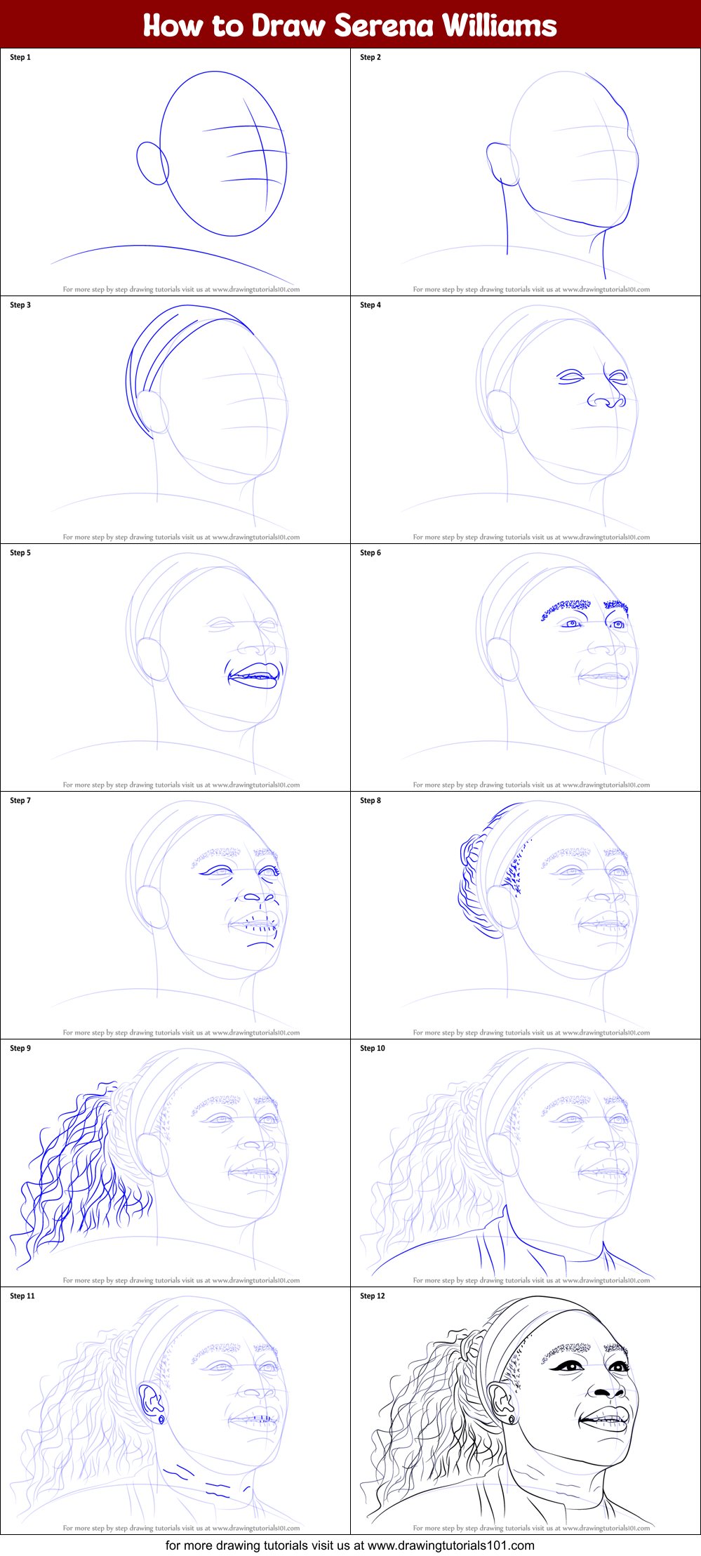 How to Draw Serena Williams printable step by step drawing sheet