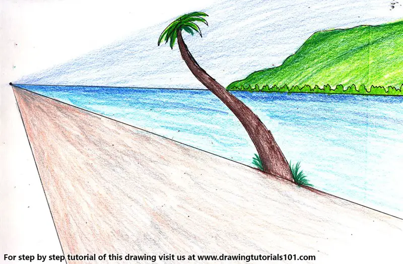 One Point Perspective Beach Color Pencil Drawing