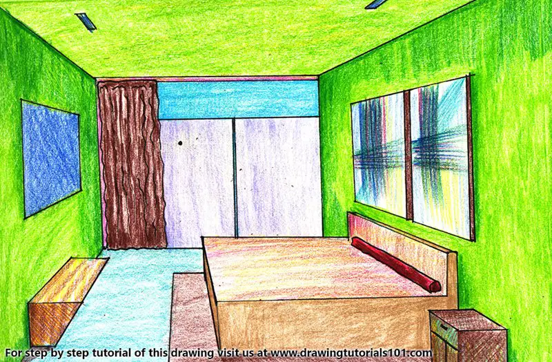 One Point Perspective Bedroom Color Pencil Drawing