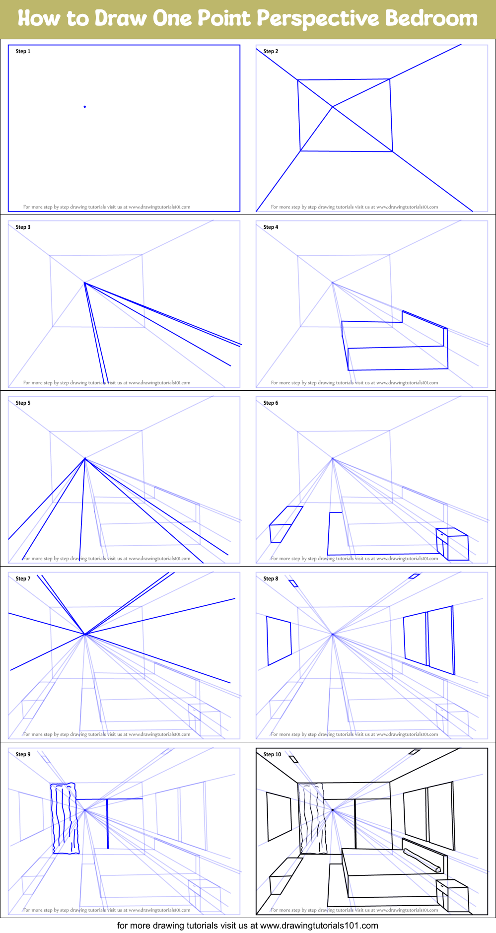 How to Draw One Point Perspective Bedroom printable step by step