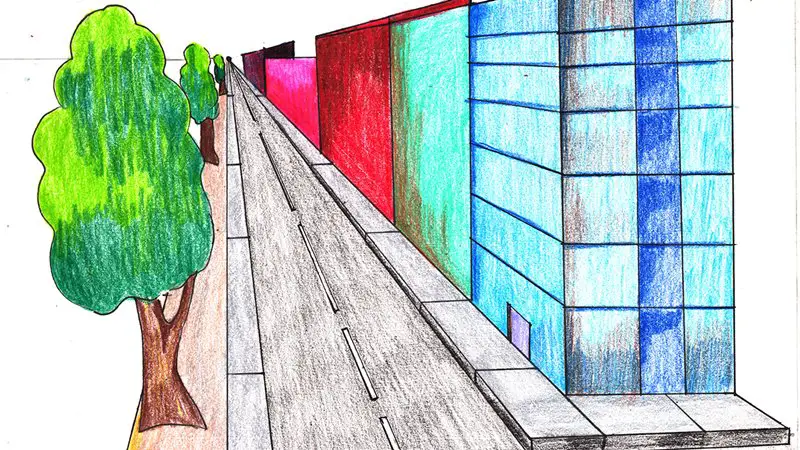 One Point Perspective Buildings Color Pencil Drawing