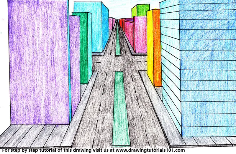 One Point Perspective City Color Pencil Drawing