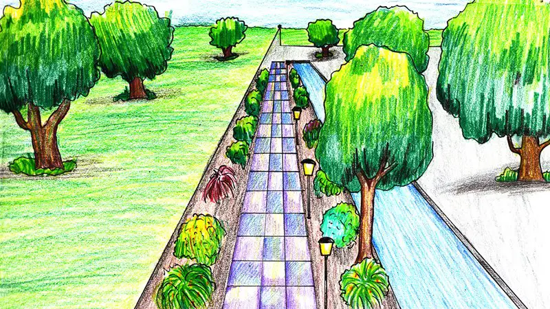 One Point Perspective Landscape Color Pencil Drawing