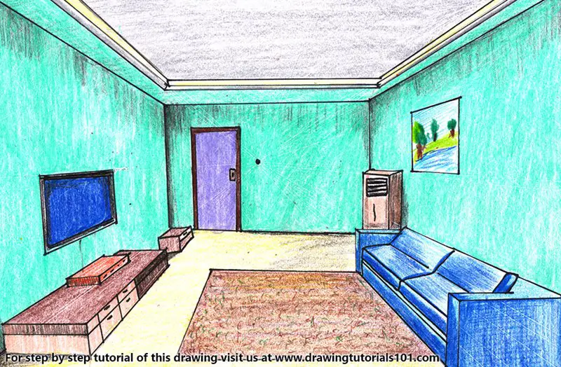 One Point Perspective Room Color Pencil Drawing