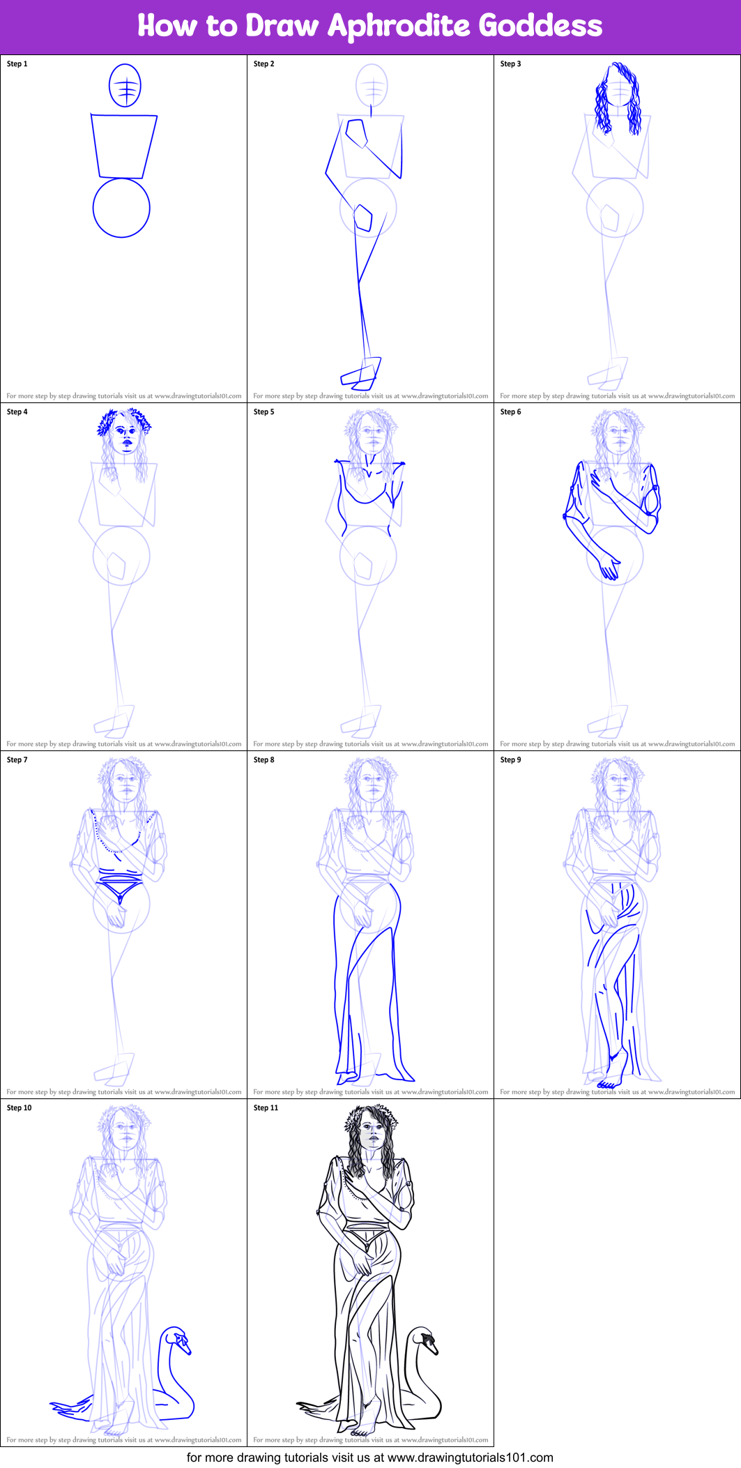 How to Draw Aphrodite Goddess printable step by step drawing sheet