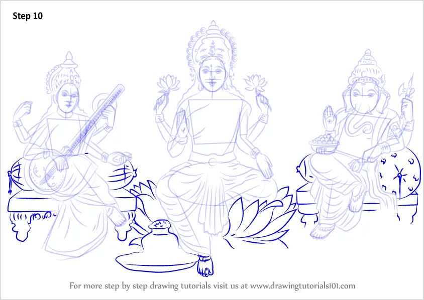 Step By Step How To Draw Laxmi Ganesh Saraswati : DrawingTutorials101.com