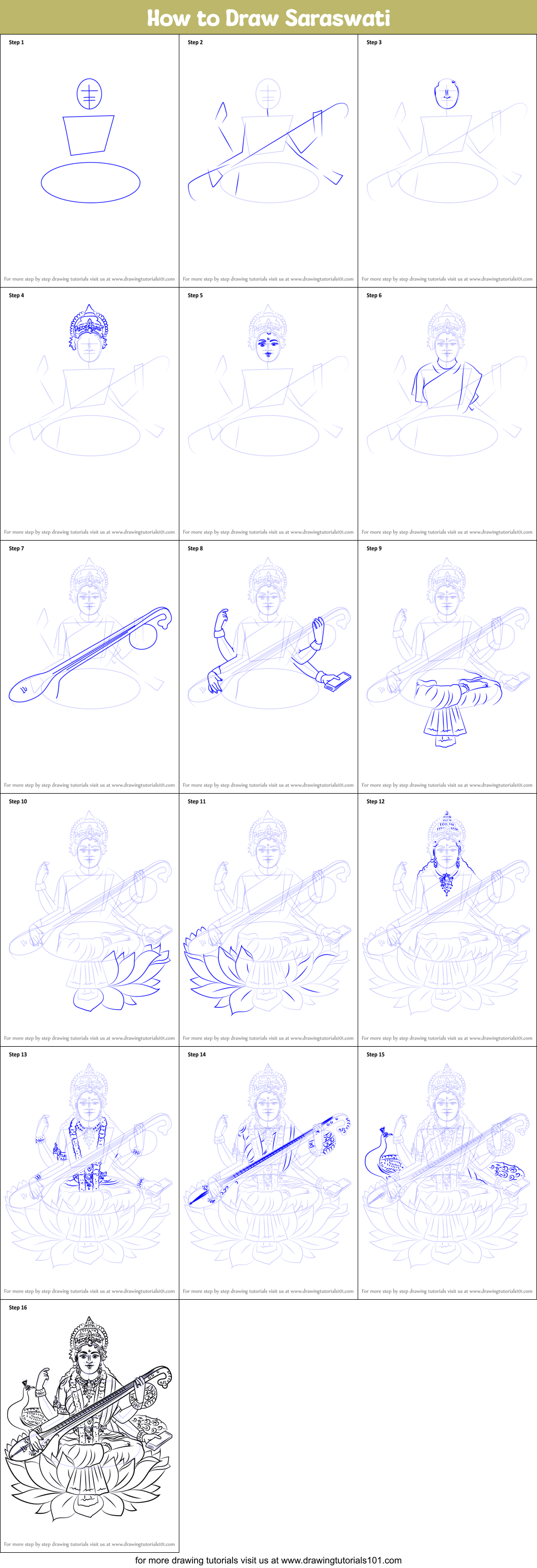 How To Draw Saraswati Printable Step By Step Drawing Sheet ...