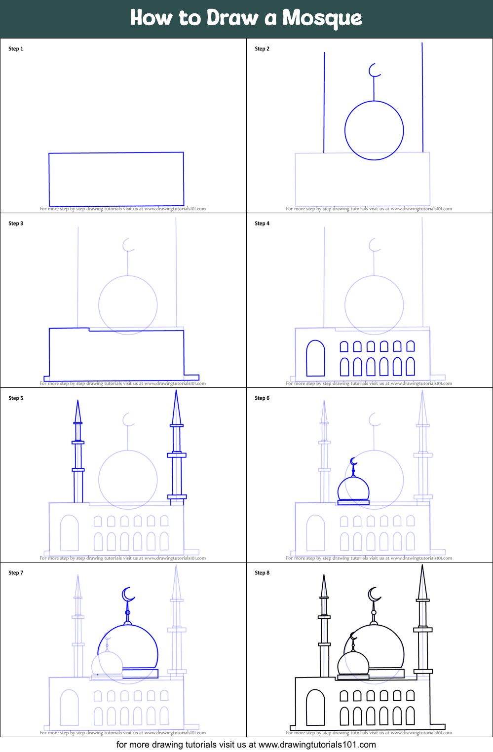 How to Draw a Mosque printable step by step drawing sheet