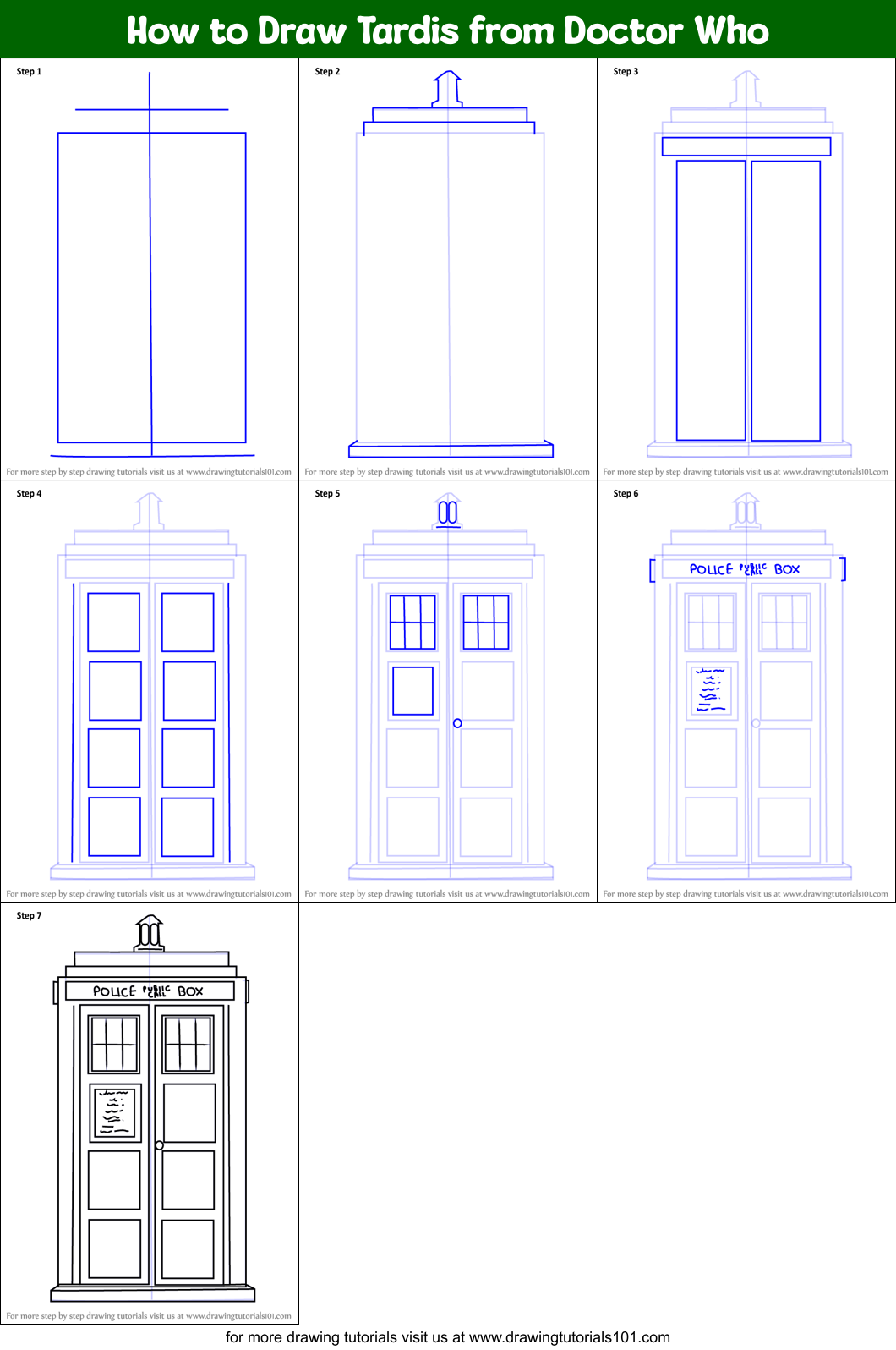 How to Draw Tardis from Doctor Who printable step by step drawing sheet