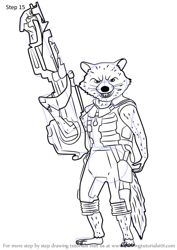 Step by Step How to Draw Rocket Raccoon from Guardians of the Galaxy