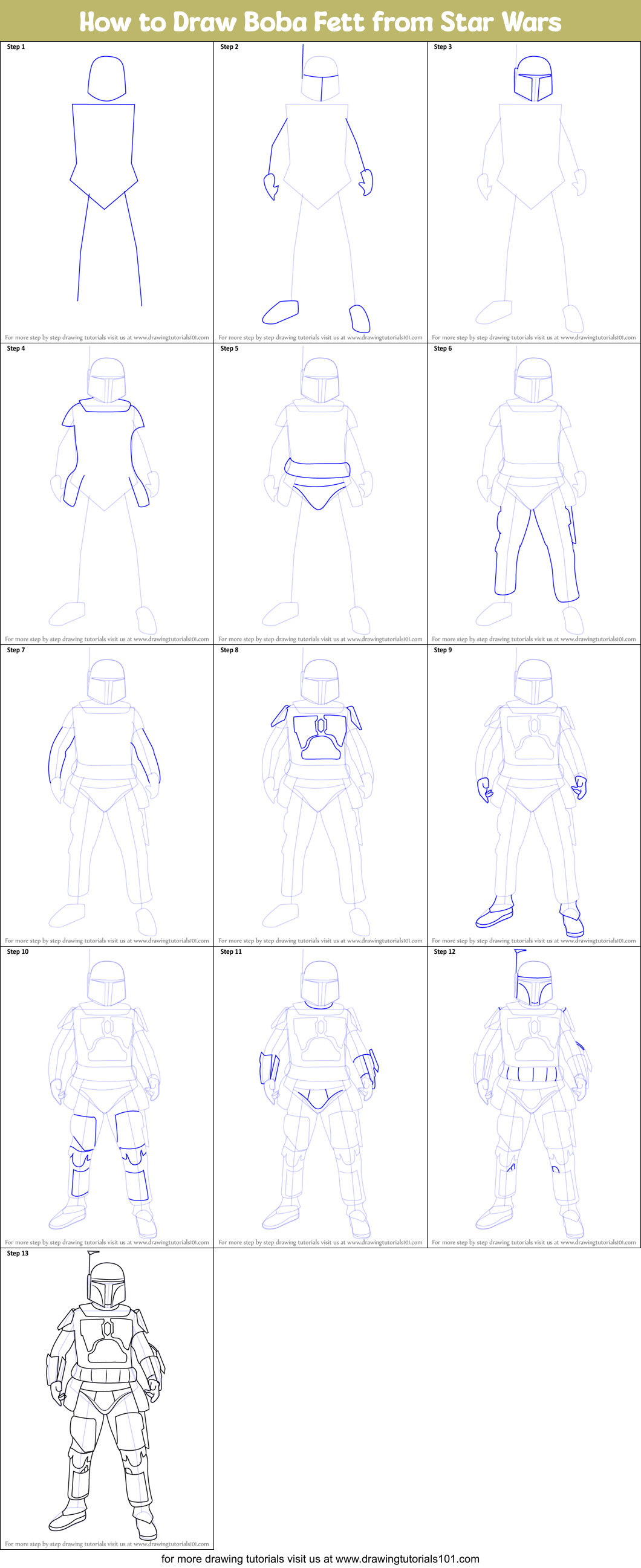 How to Draw Boba Fett from Star Wars printable step by step drawing