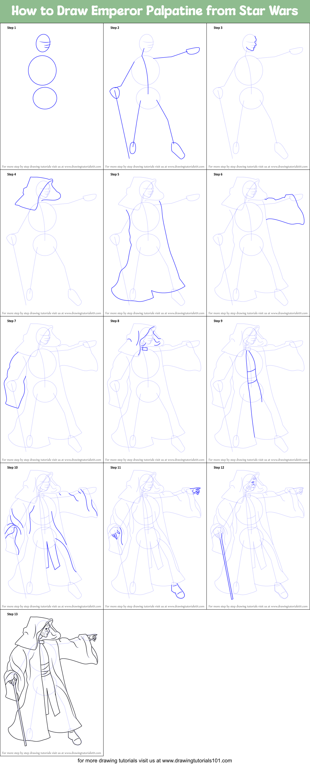 A step-by-step guide to drawing the emperor from Star Wars.