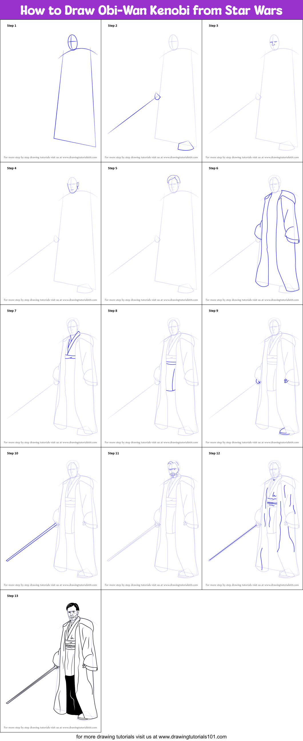 How to Draw ObiWan Kenobi from Star Wars printable step by step