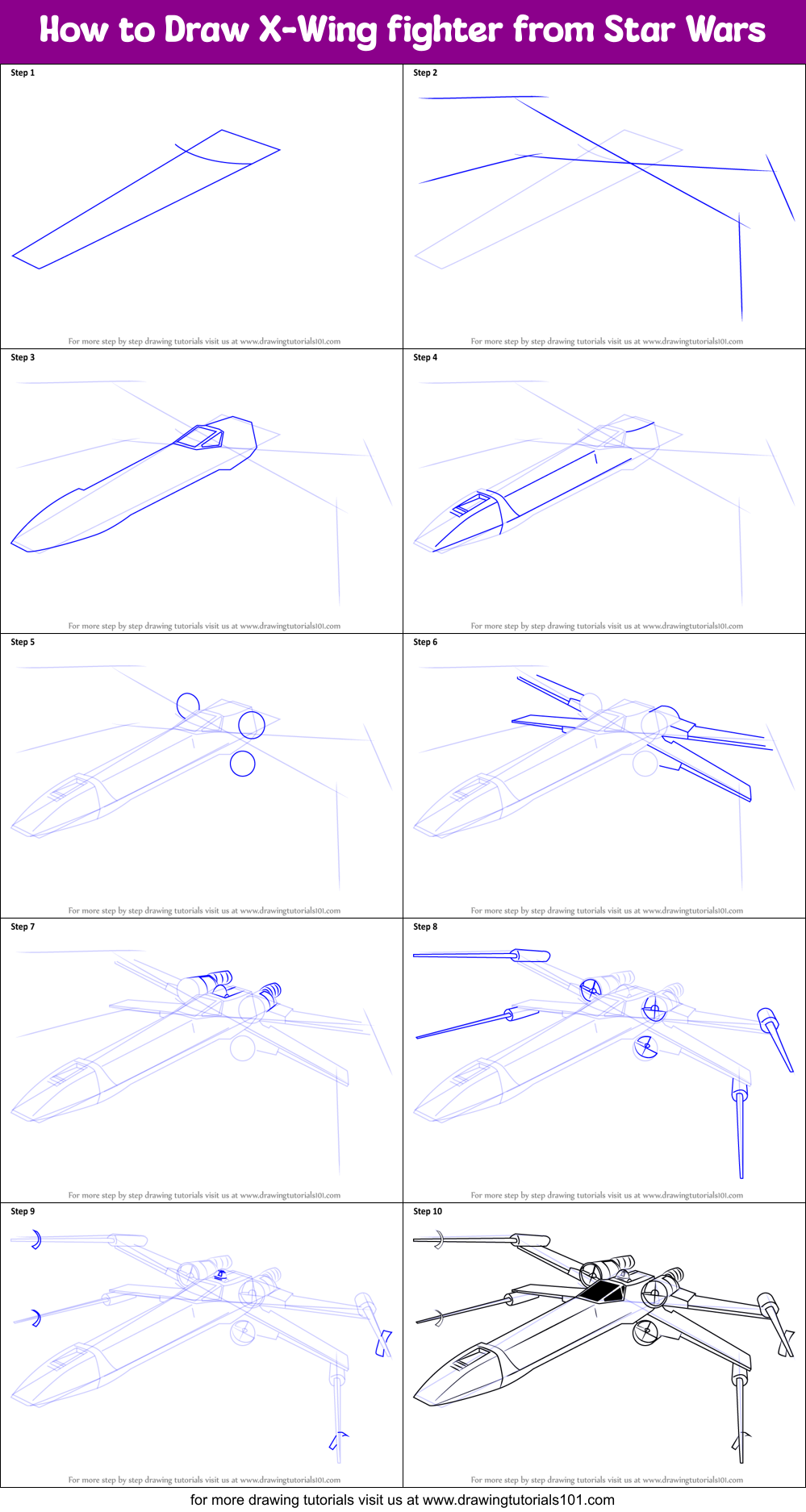 How to Draw X-Wing fighter from Star Wars printable step by step