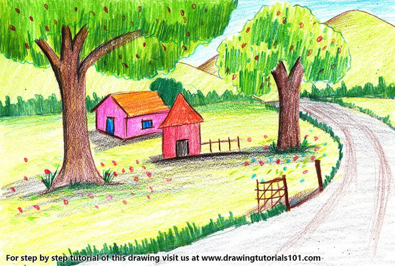 Summer Scenery Color Pencil Drawing