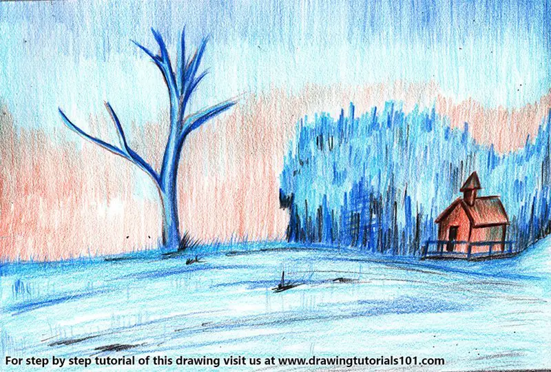 Snow Scenery Color Pencil Drawing