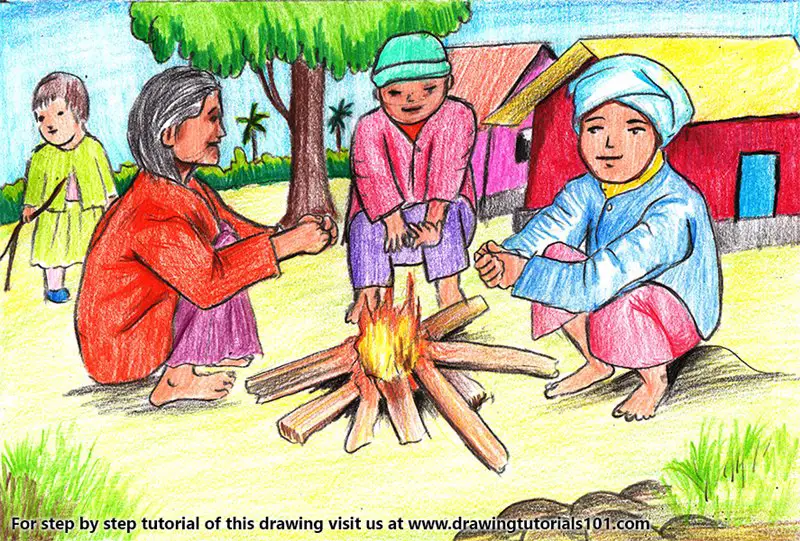 Winter Bonfire Scene Color Pencil Drawing