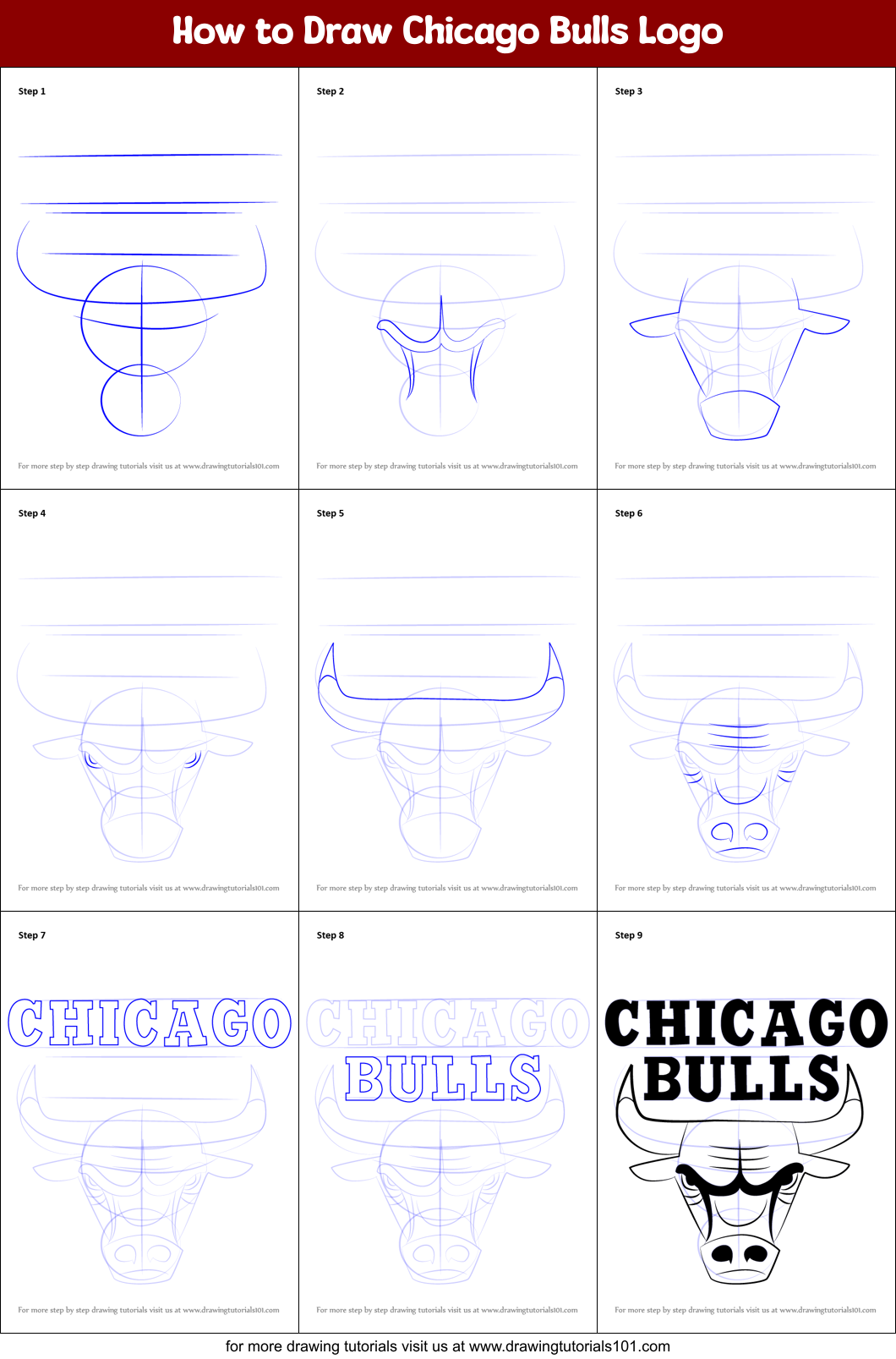 How to Draw Chicago Bulls Logo printable step by step drawing sheet