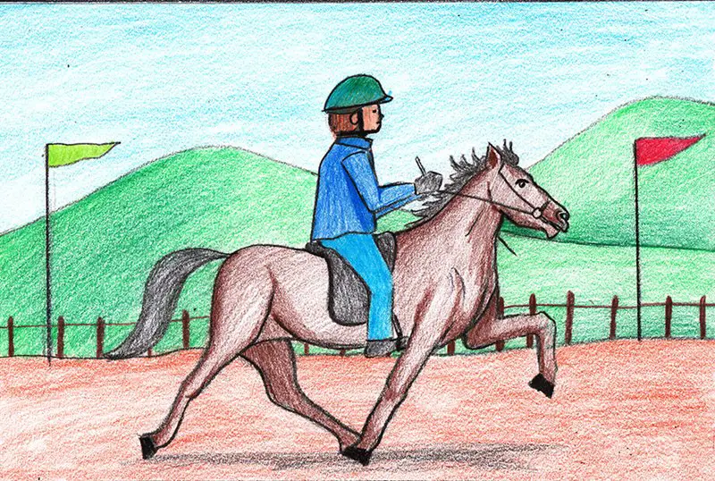Jockey riding Horse Scene Color Pencil Drawing