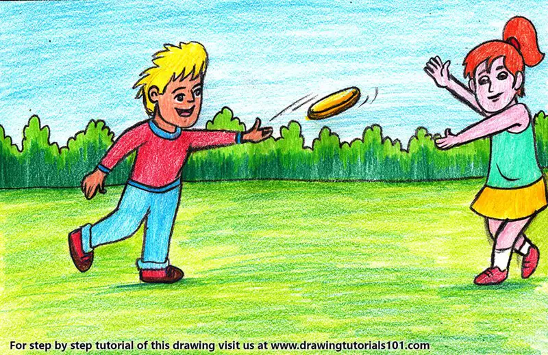Kids playing Flying Disc Scene Color Pencil Drawing