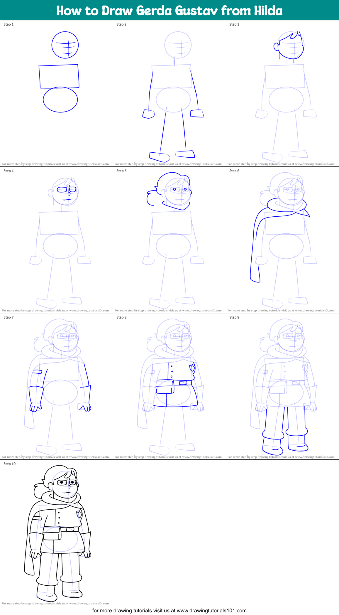 How to Draw Gerda Gustav from Hilda printable step by step drawing ...