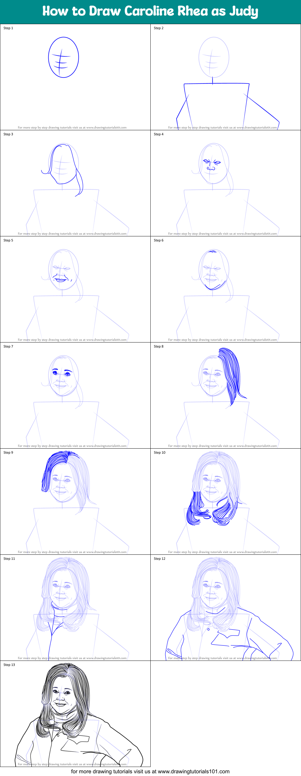 How to Draw Caroline Rhea as Judy printable step by step drawing sheet