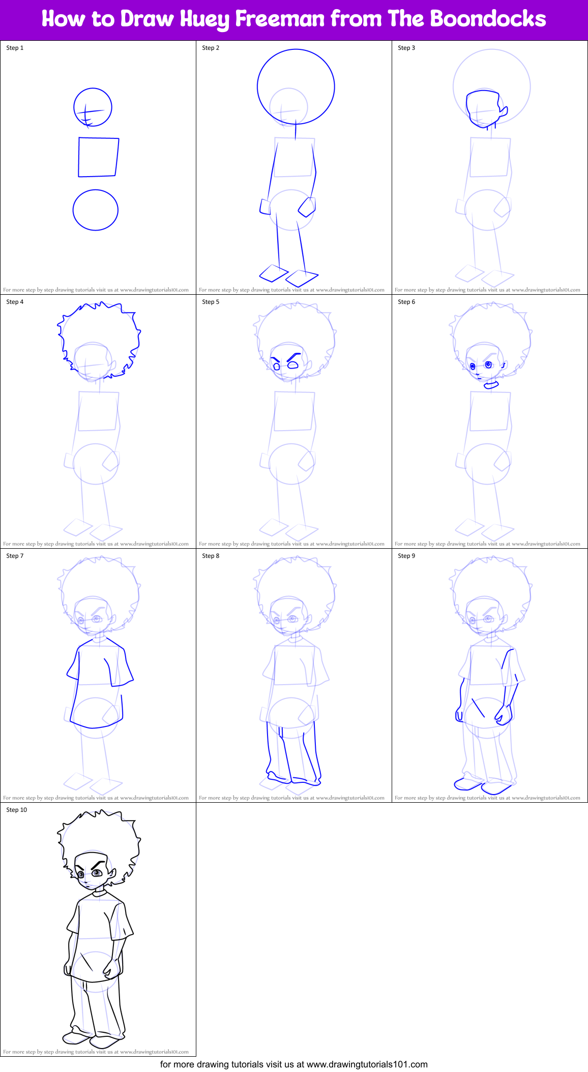 How to Draw Huey Freeman from The Boondocks printable step by step