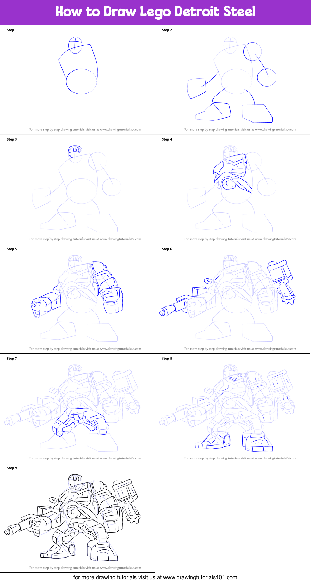 How to Draw Lego Detroit Steel printable step by step drawing sheet