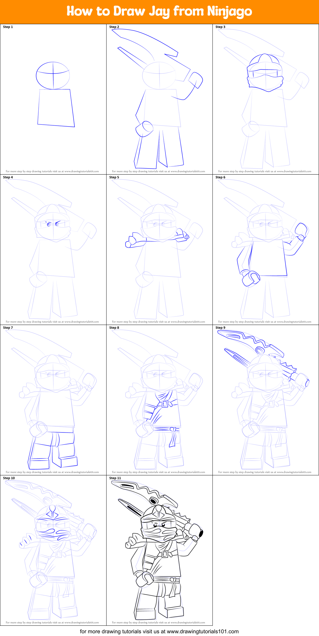 How to Draw Jay from Ninjago printable step by step drawing sheet