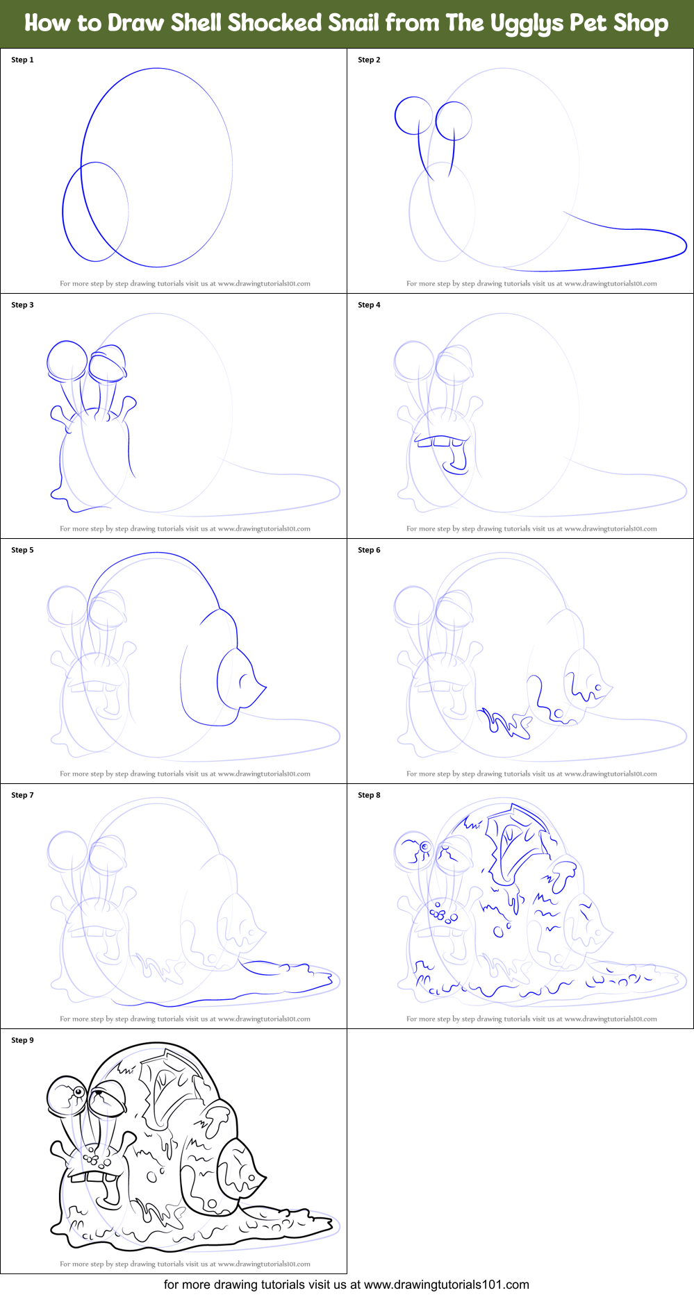 How to Draw Shell Shocked Snail from The Ugglys Pet Shop printable step ...