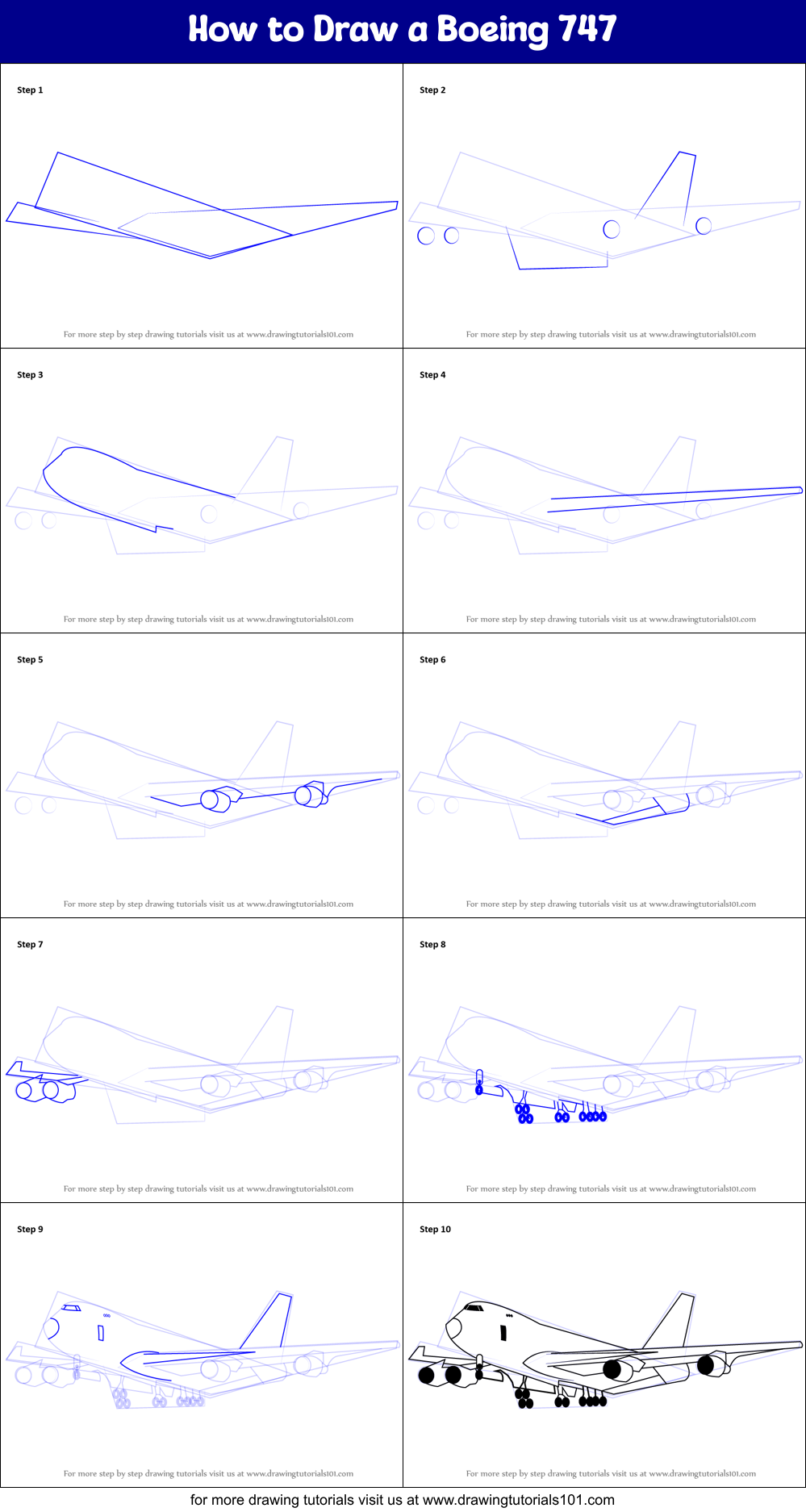 How to Draw a Boeing 747 printable step by step drawing sheet