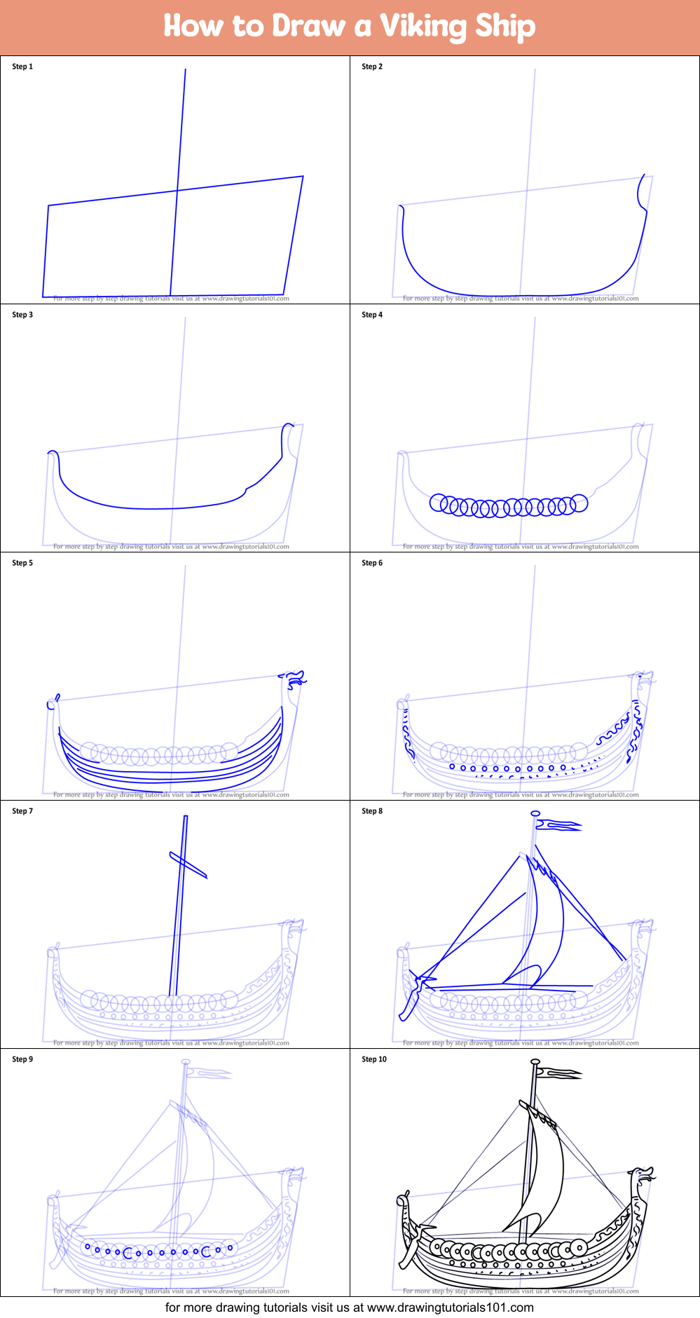 How to Draw a Viking Ship printable step by step drawing sheet