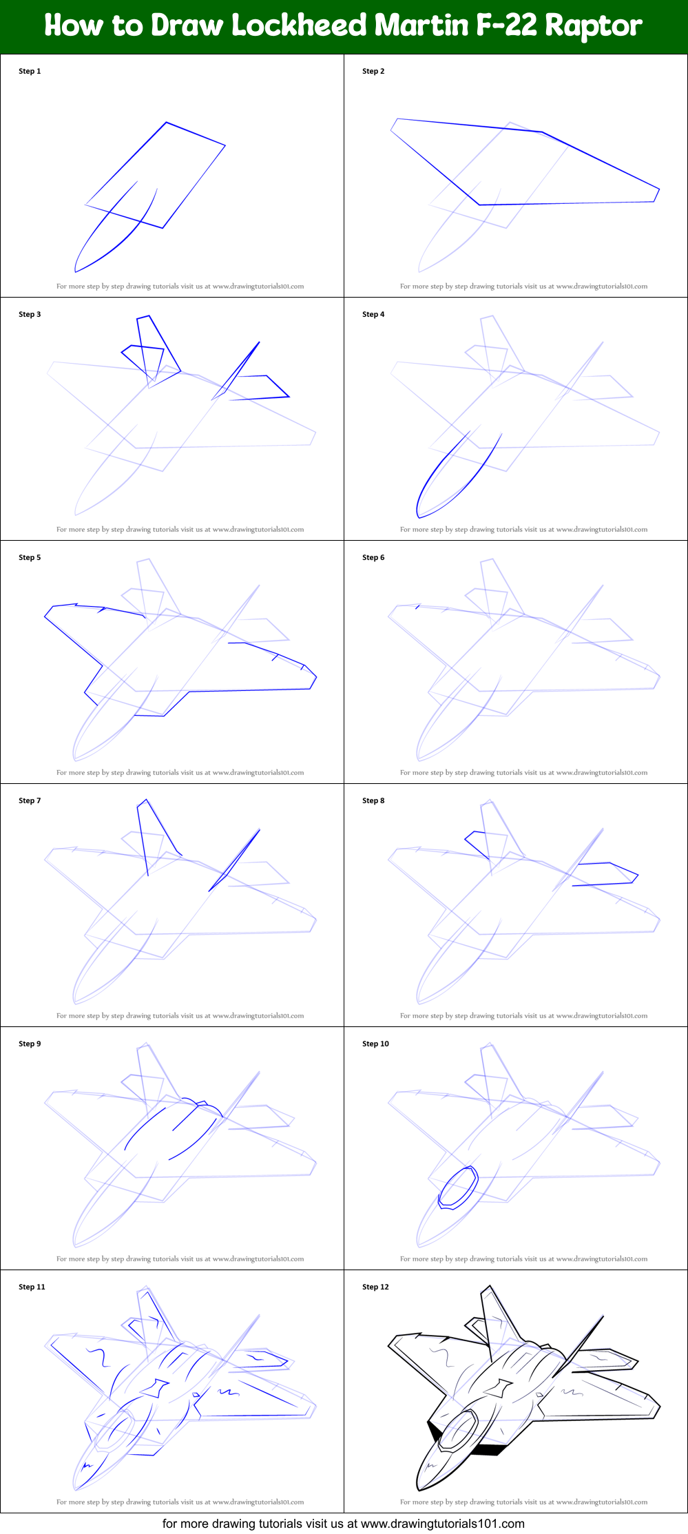 How to Draw Lockheed Martin F22 Raptor printable step by step drawing