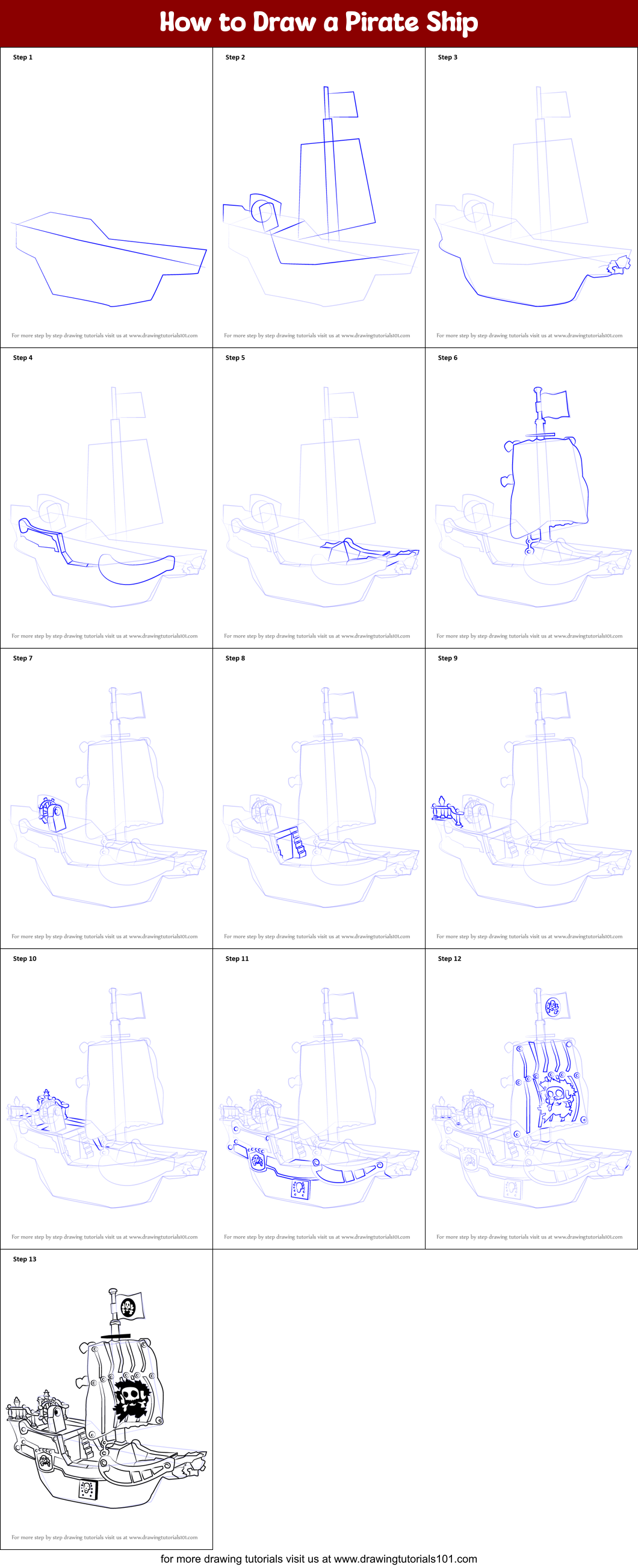 How to Draw a Pirate Ship printable step by step drawing sheet
