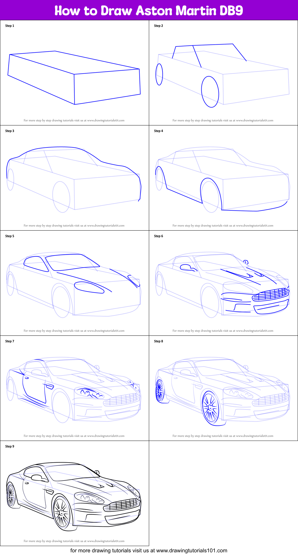 How to Draw Aston Martin DB9 printable step by step drawing sheet ...