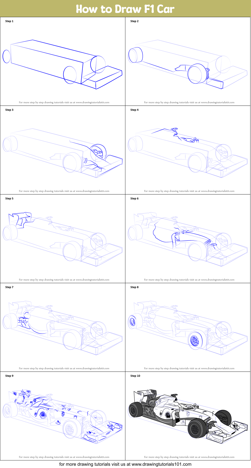 How to Draw F1 Car printable step by step drawing sheet