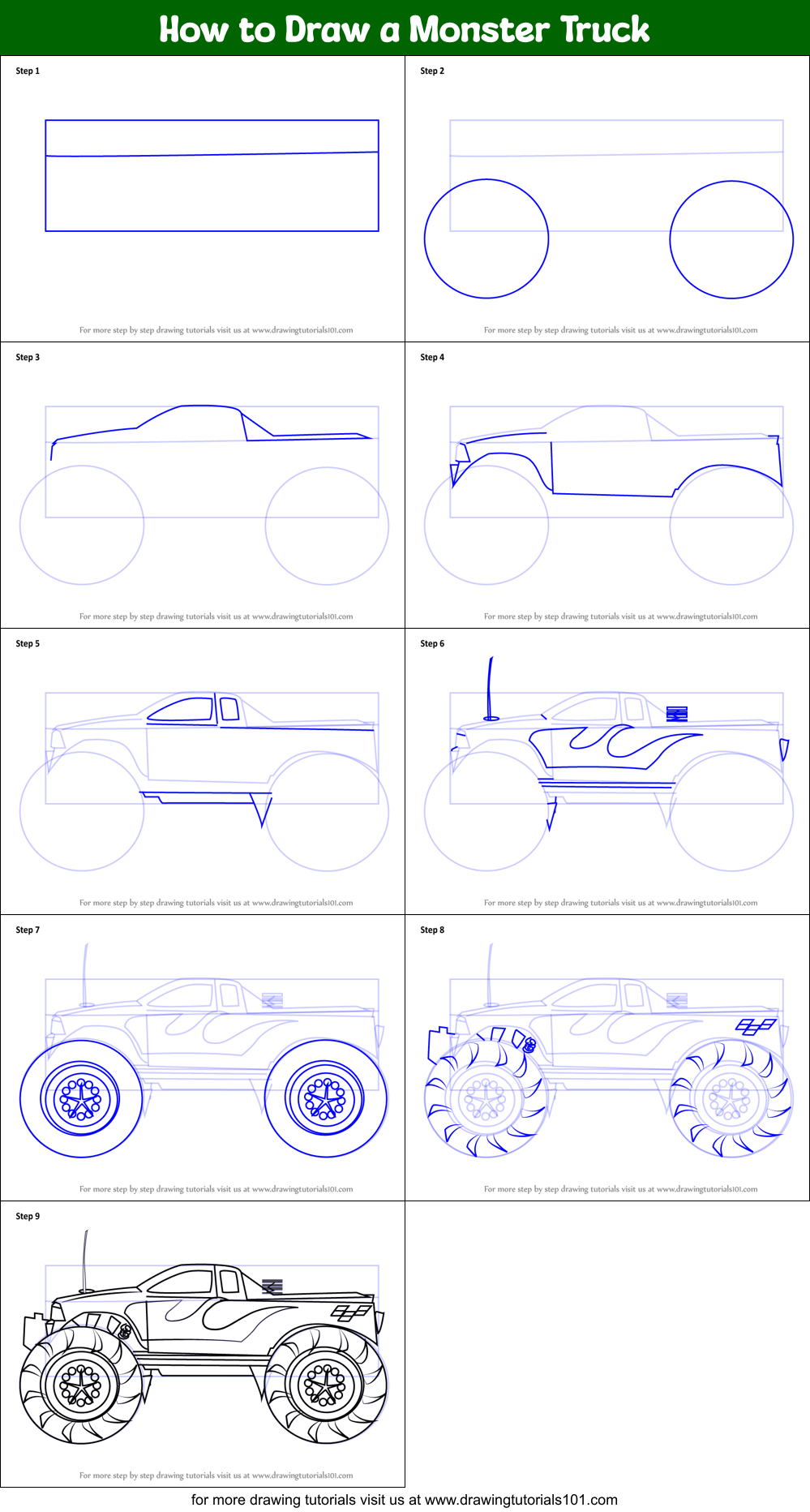 How to Draw a Monster Truck printable step by step drawing sheet ...