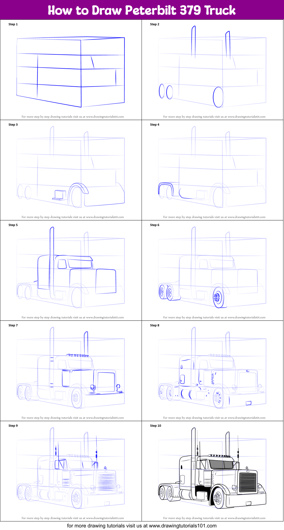 How to Draw Peterbilt 379 Truck printable step by step drawing sheet