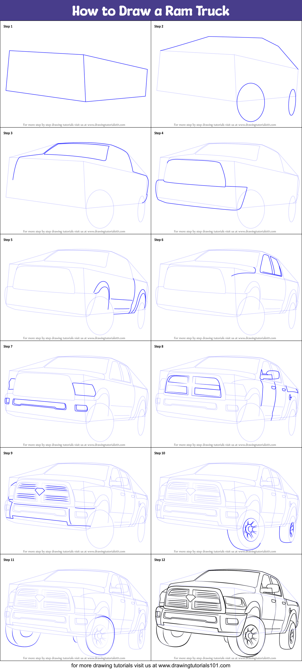 How to Draw a Ram Truck printable step by step drawing sheet
