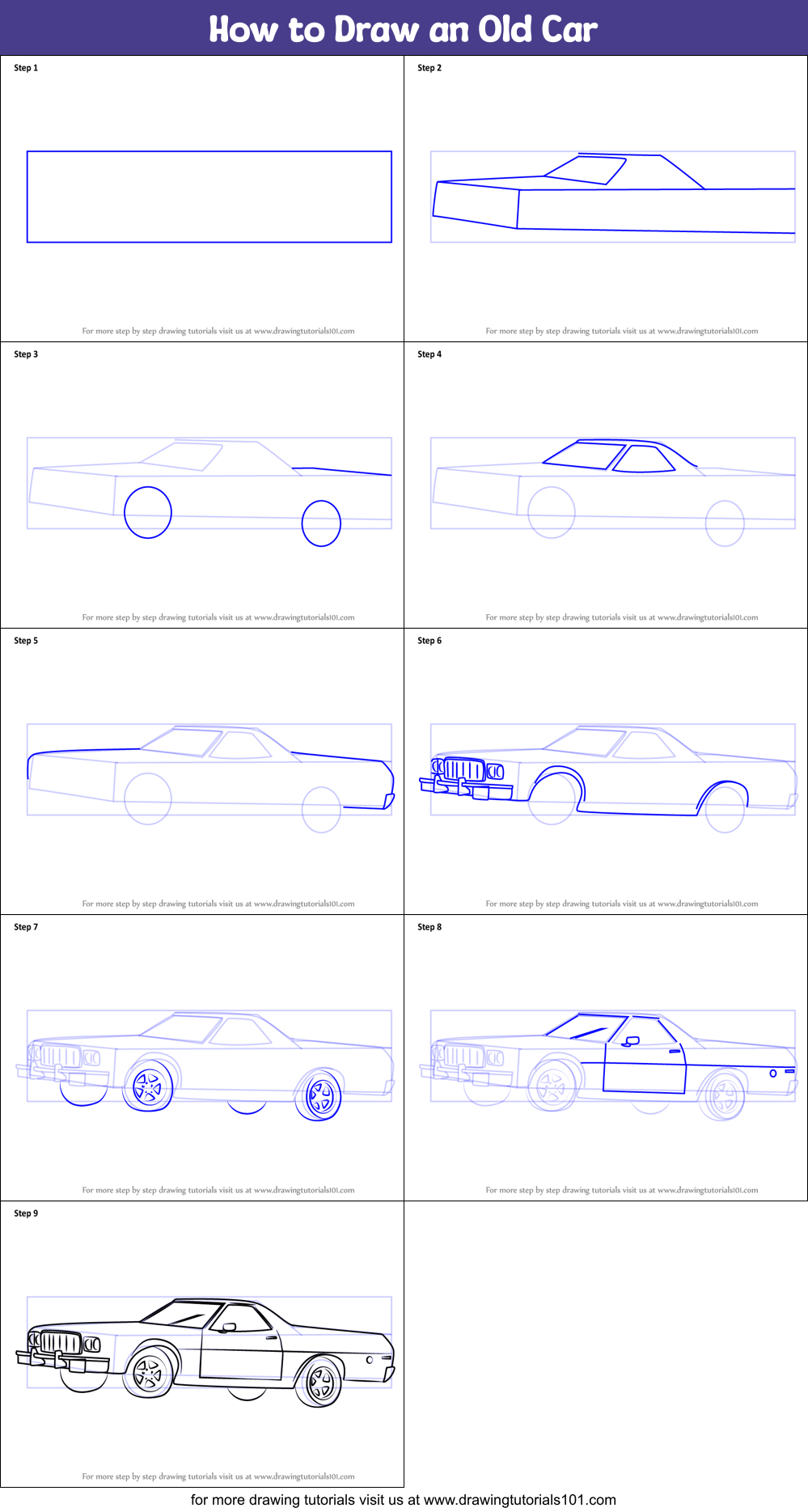How to Draw an Old Car printable step by step drawing sheet