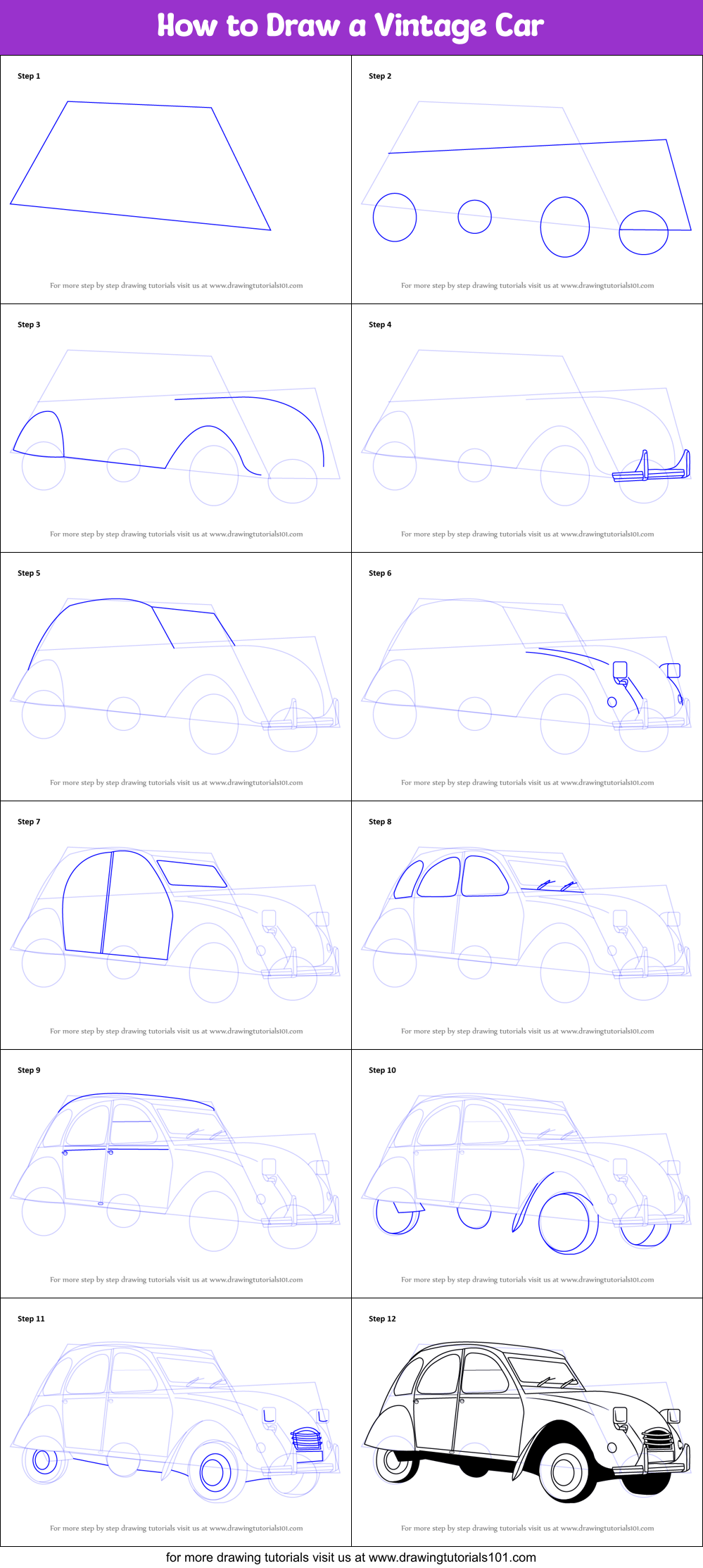 How to Draw a Vintage Car printable step by step drawing sheet ...