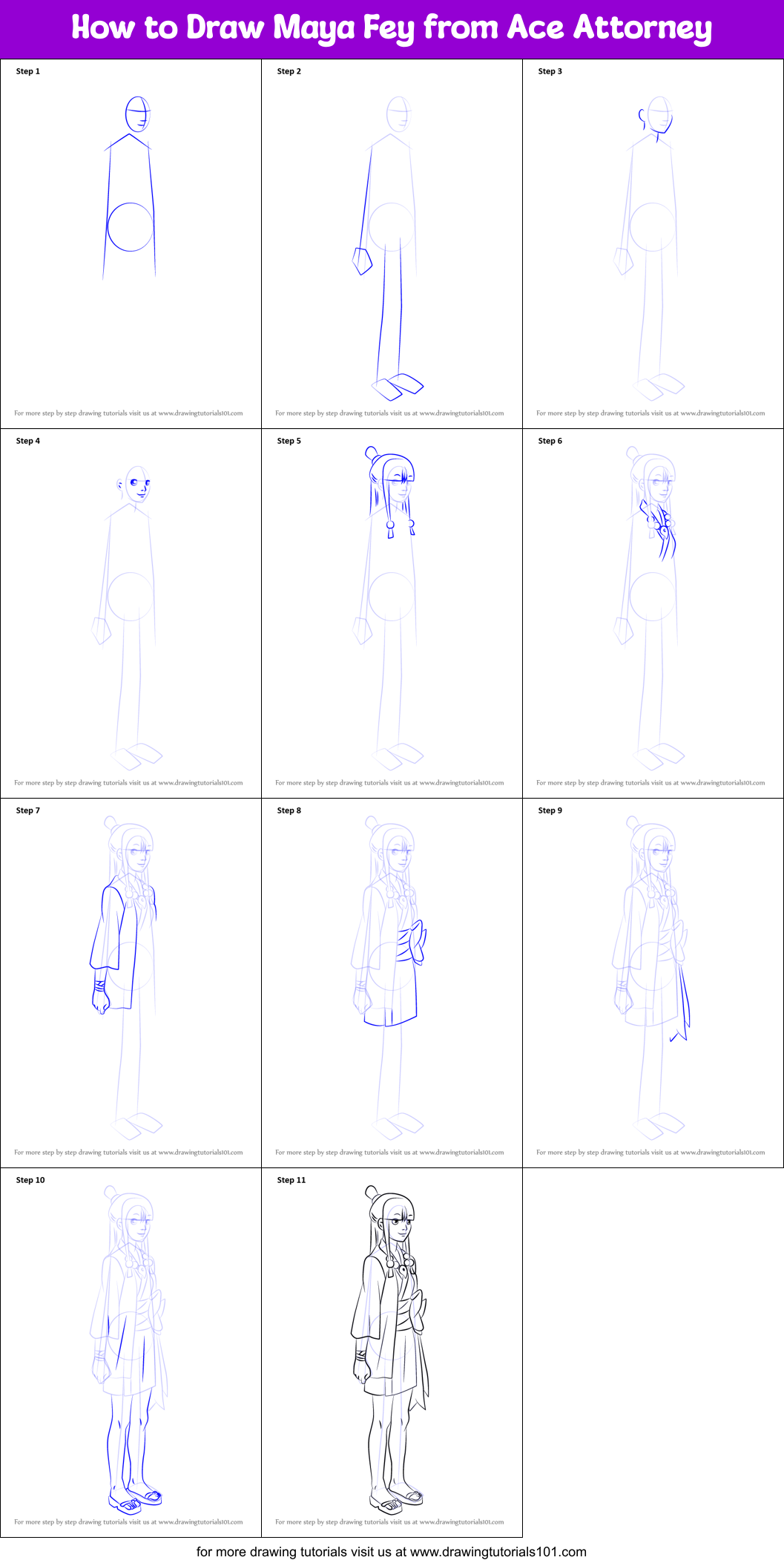 How to Draw Maya Fey from Ace Attorney printable step by step drawing