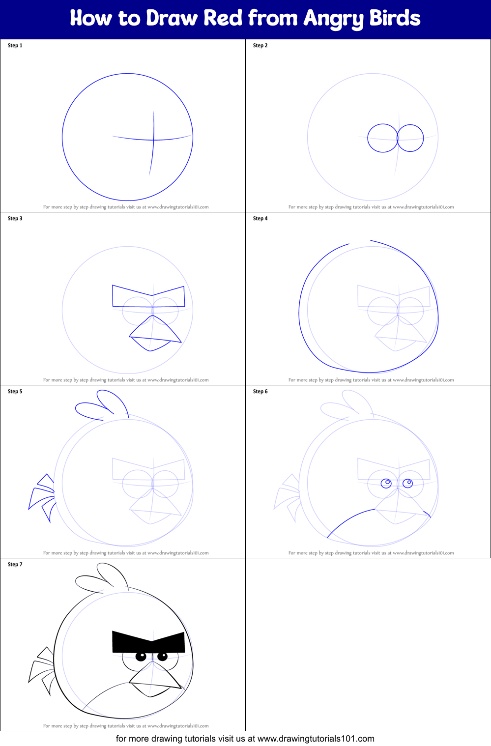 How to Draw Red from Angry Birds printable step by step drawing sheet ...