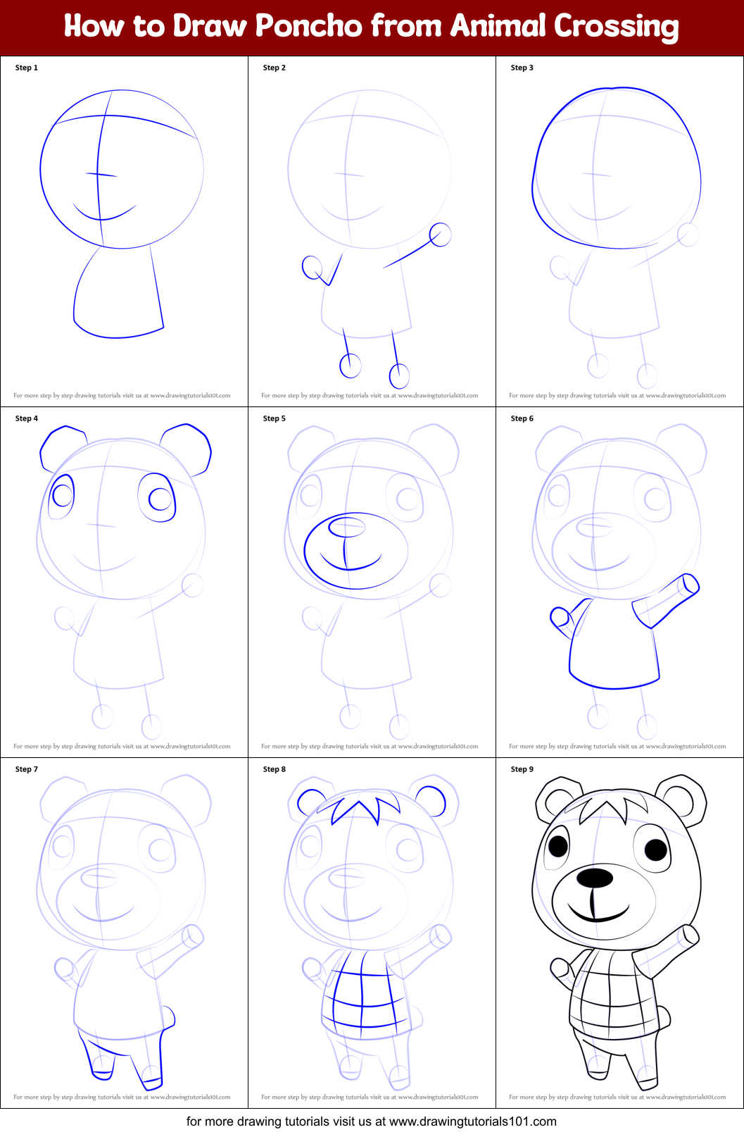 How to Draw Poncho from Animal Crossing printable step by step drawing