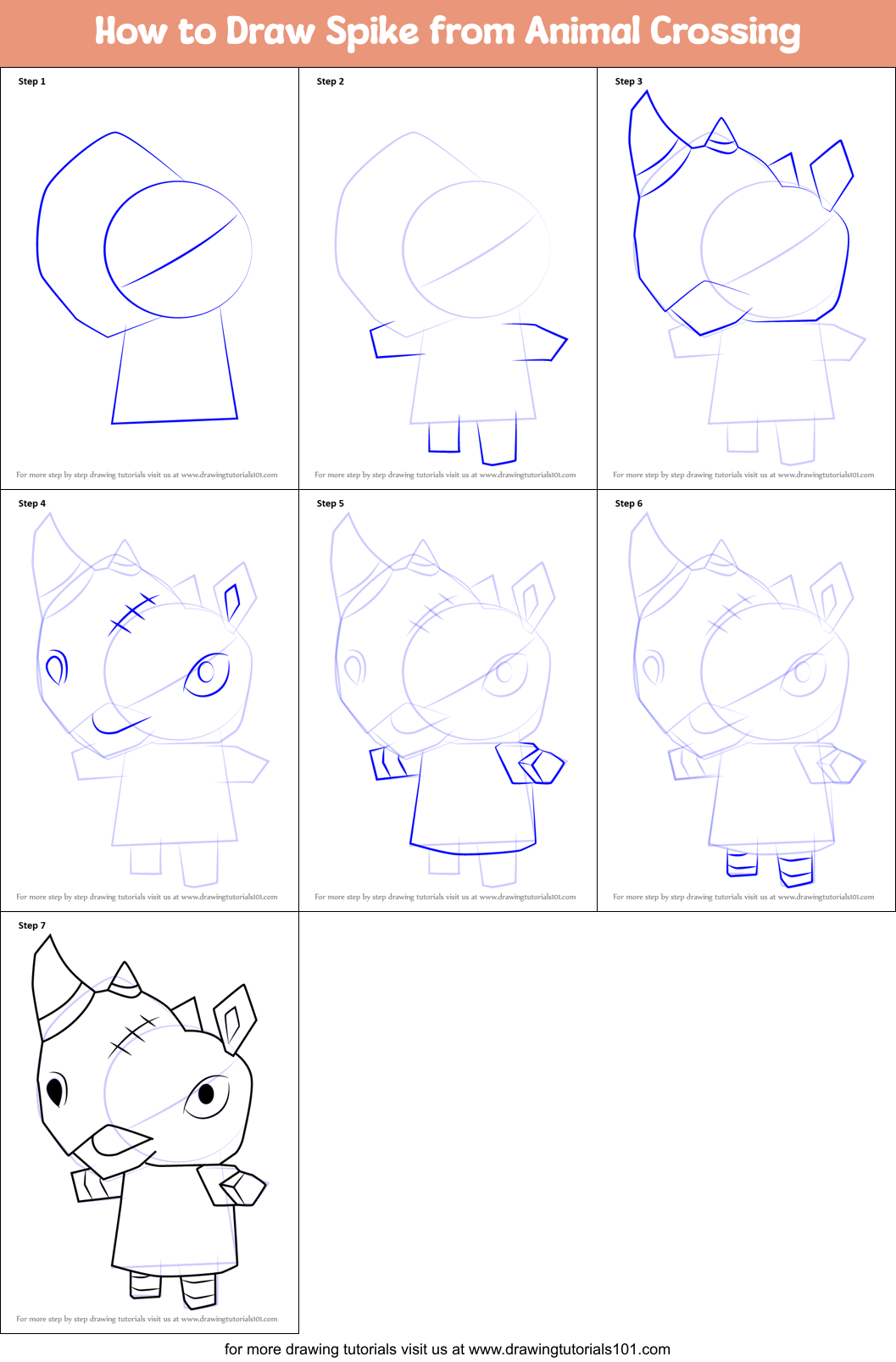 How to Draw Spike from Animal Crossing printable step by step drawing ...