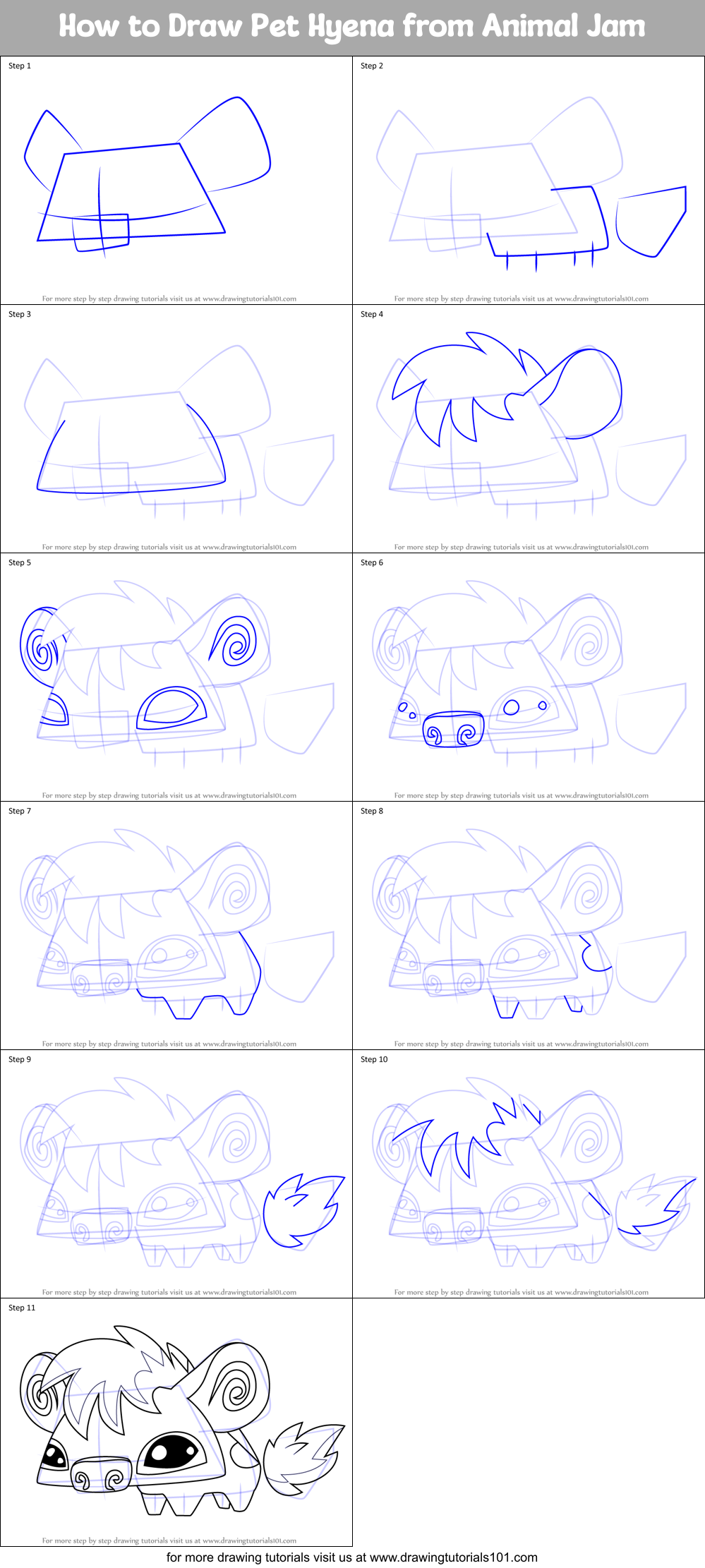 How to Draw Pet Hyena from Animal Jam printable step by step drawing ...