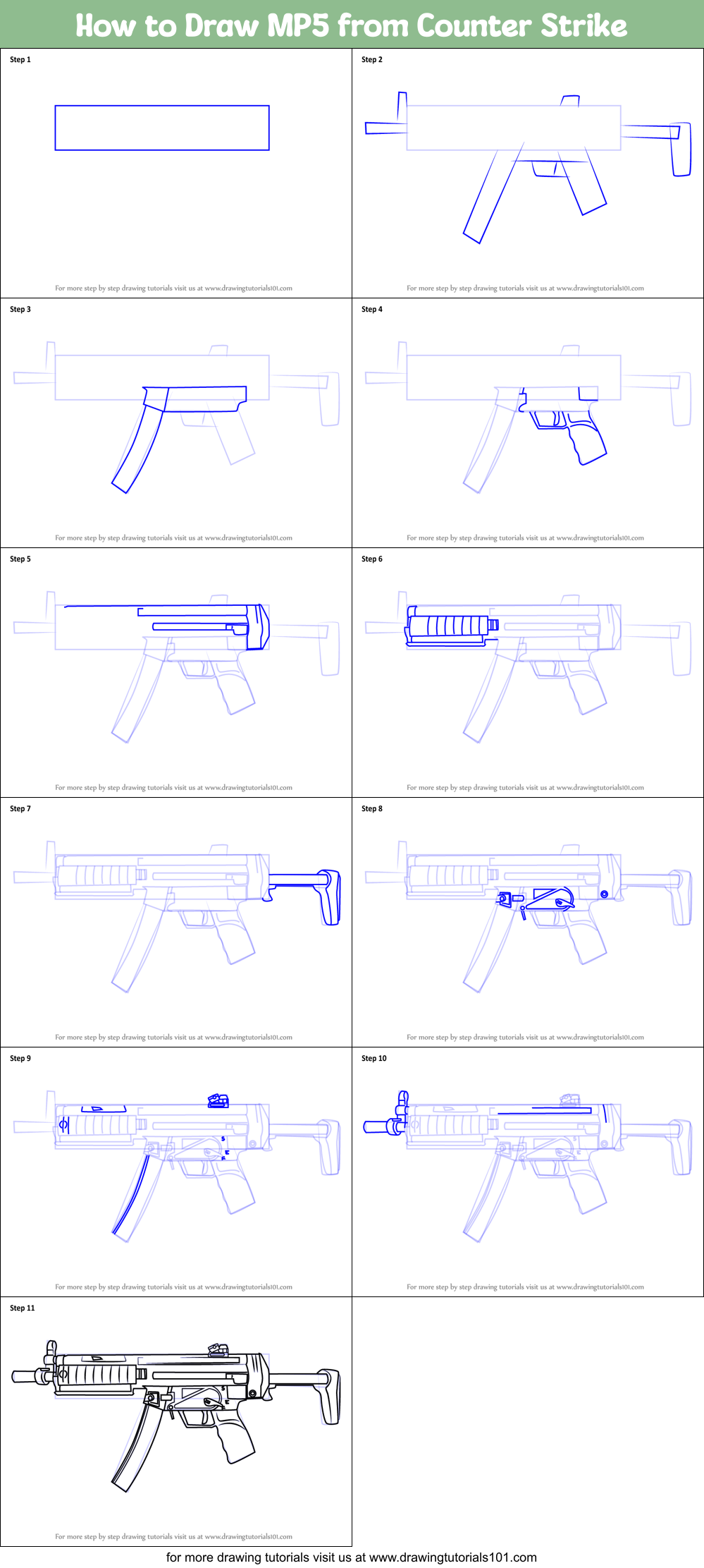 How to Draw MP5 from Counter Strike printable step by step drawing