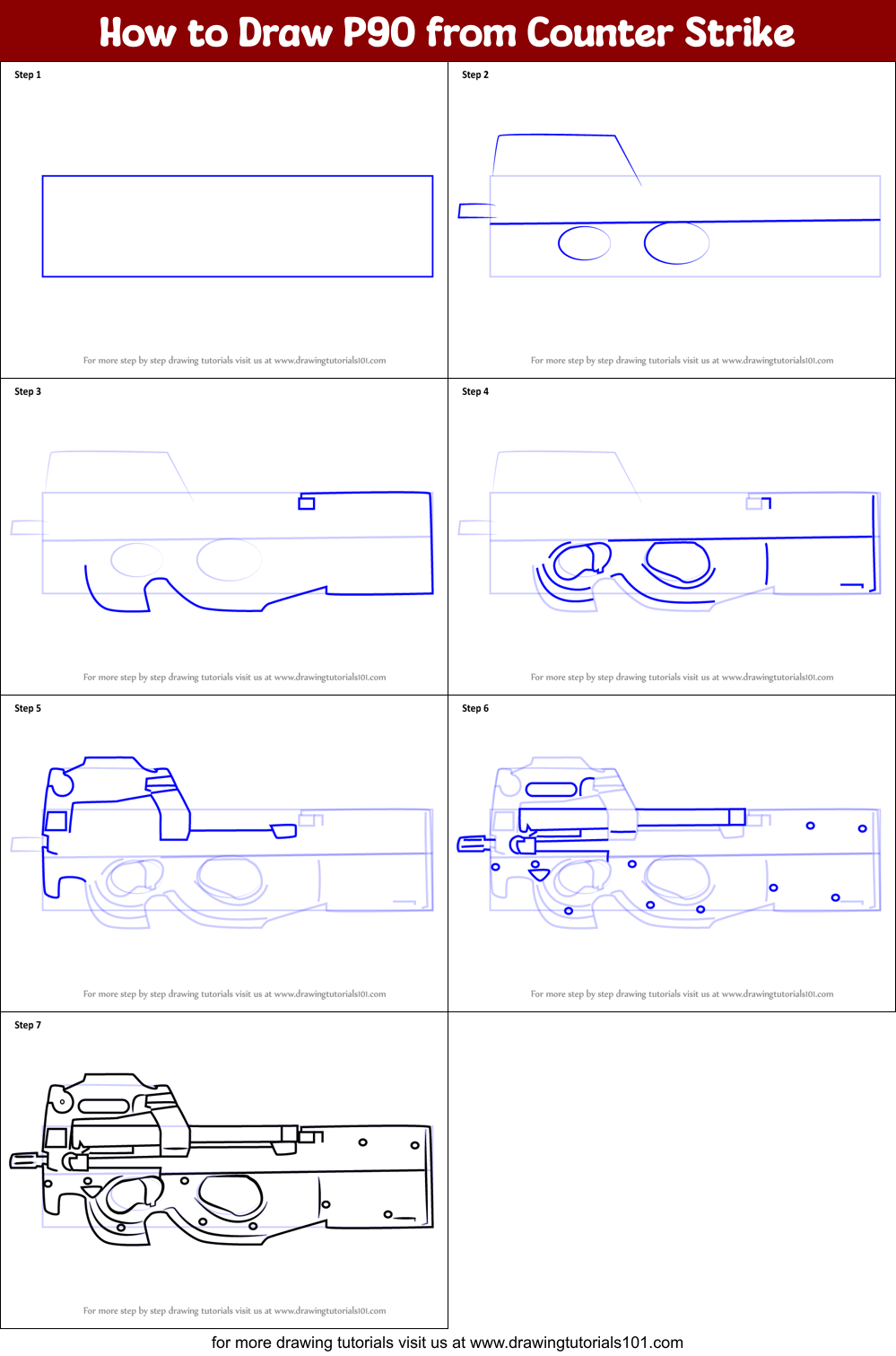 How to Draw P90 from Counter Strike printable step by step drawing ...